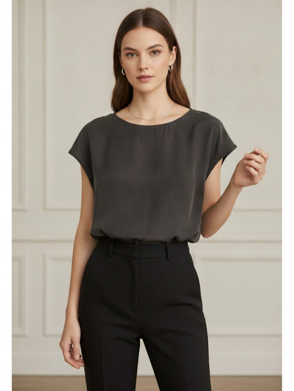 Zara Women's Black Cap Sleeve Blouse with Round Neck